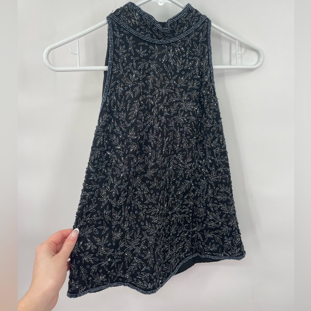 Hand Beaded Black High Neck Top